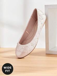 SHUZIA #ParisianChic Wide Fit Women's Round Toe Cushioned Insole Quilted Pearl Stud Pearlescent PU Lt.Pink Ballet Flats,Soft, Elegant & Everyday Comfort - Pink - View 6