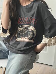 DAZY 青少年女孩字母與摩托車圖案休閒百搭日常穿著夏季T恤 - 灰色 - 查看 5