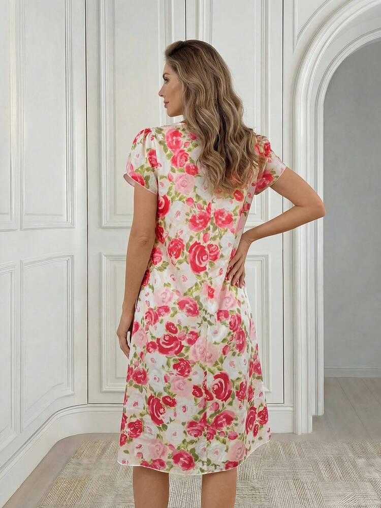 Women's Pink Rose Print Regular Shoulder Round Neck Ruffle Hem Midi Dress, Fashionable Summer Vacation Outfit