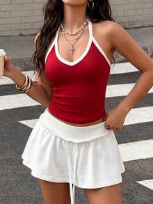 Muchica Damen Kontrast-Farben Lässig Fitness Racerback Tanktop - Rot - Übersicht 4