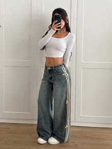 SHEIN Tall Women's Fashionable Side Stripe Bow Denim Jeans - Dark Wash - View 4