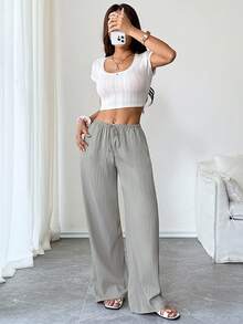 SHEIN PETITE Women's Solid Color Drawstring Waist Pocket Casual Versatile Daily Wear Wide Leg Pants - Baby Blue - View 5