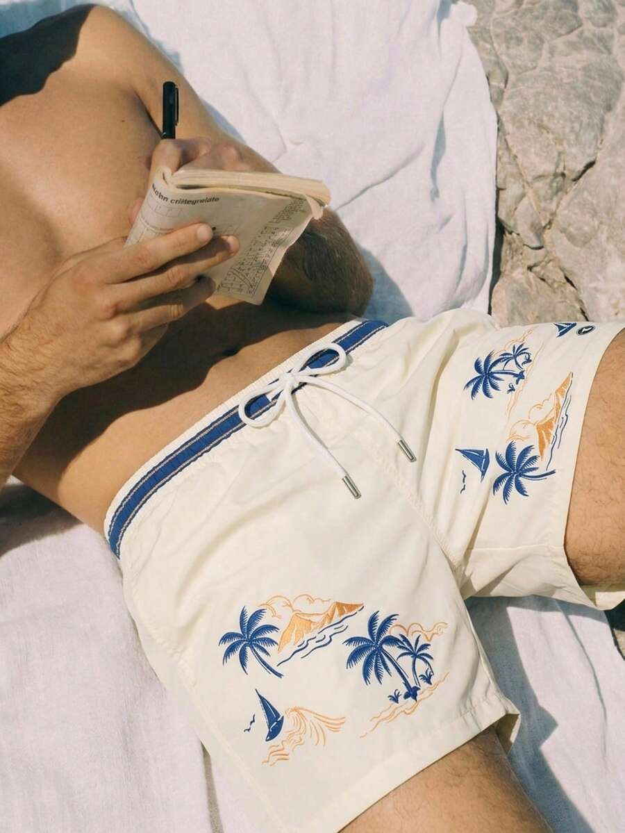 Solantero Men's Tropical Print Casual Beach Shorts Men Palm Tree Swim Shorts Men Swim Shorts Palm Tree Print - Beige - View 1