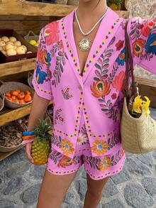 Louniche Pink Floral Summer Boho Beach Vacation Holiday White Two Pieces Set,Colorful Floral Prints Short-Sleeve Blazer & Shorts,Gold Button Accents,Holiday - Multicolor - View 5