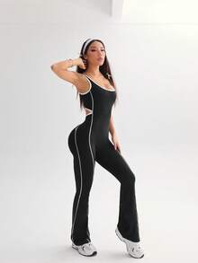 Breezaya Contrast Color Stripes Graphic Print Flared Leg Sports Jumpsuit - Multicolor - View 5