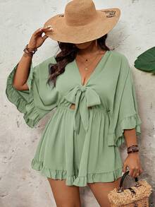 SHEIN VCAY Mono de talla grande con mangas de murciélago, dobladillo con volantes y cintura con lazo, unicolor para vacaciones - Verde Oliva - Ver 1