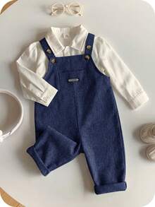 SHEIN Baby Boy Casual Cute Versatile Striped Cartoon Bear Pattern Bib Jumpsuit - Navy Blue - View 4