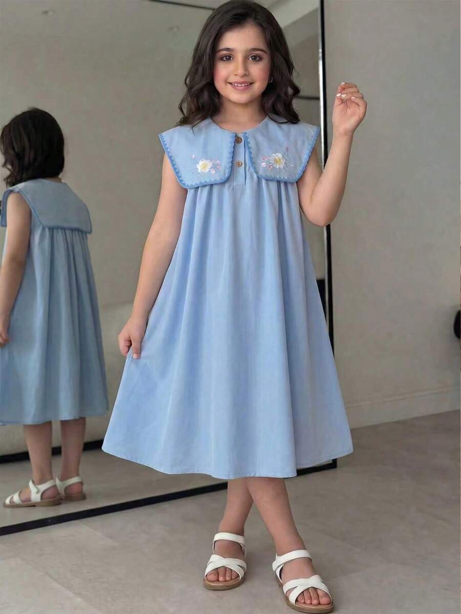 SHEIN Tween Girls/Tween Girl Girls Pastoral Floral Embroidered Pattern Ruffle Collar Puff Sleeve Dress,Versatile Round Neck Trim Contrast Color - Blue - View 1