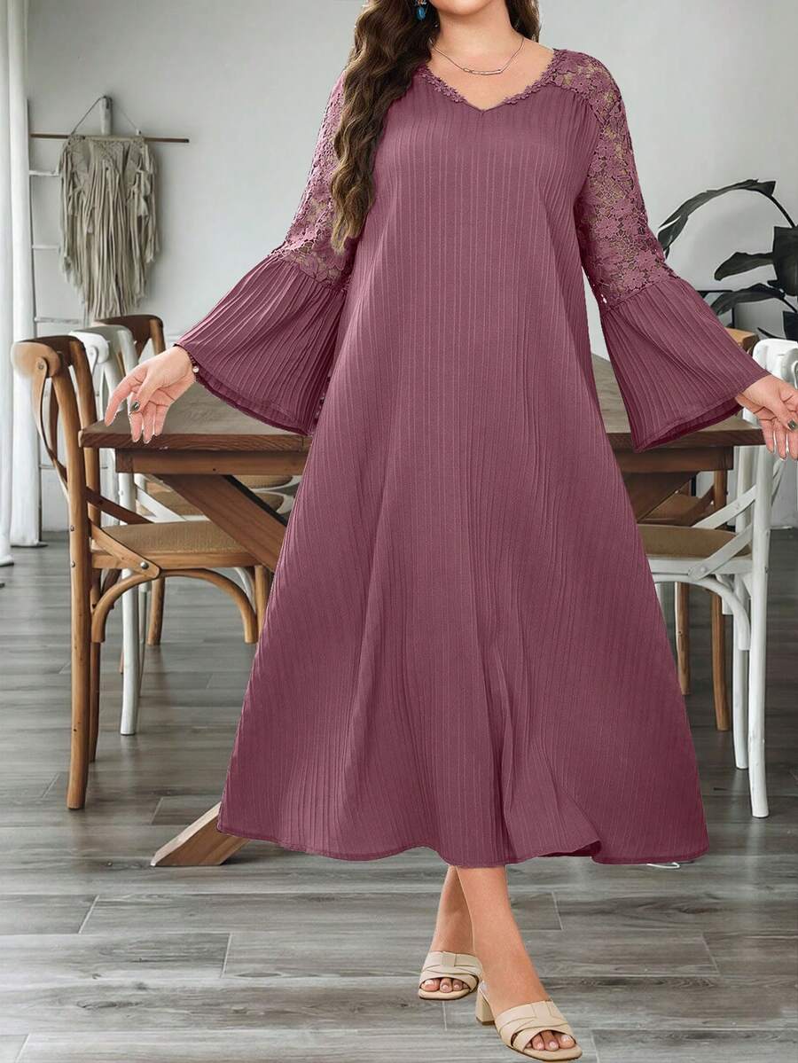 Modelyn Đầm dài tay dáng rộng, màu trơn, phối ren, cổ chữ V, viền bèo nhún, thích hợp cho mùa xuân/hè, cỡ lớn. - Gỗ đỏ - Xem 1
