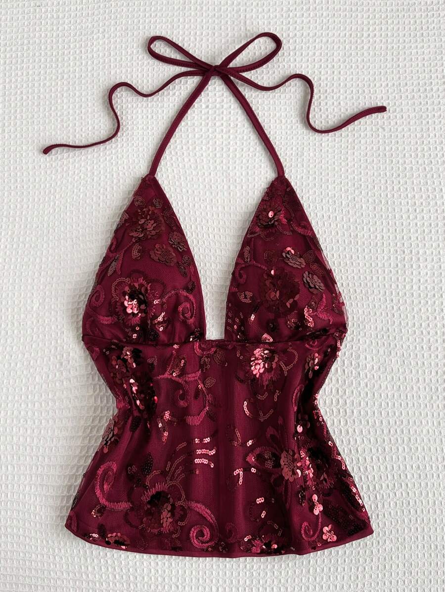 Sweetra Sexy Backless V-Neck Beaded Design Vest, Fashionable And Versatile For Parties And Gatherings, American Classic Style - Red - View 1