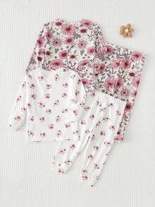 Cozy Pixies 女婴四件套贴身睡衣套装 - 花卉印花柔软针织圆领长袖上衣和松紧腰长裤 - 彩色 - 查看 2
