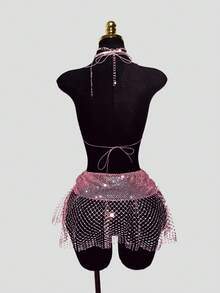 EgrlEra Women's Sexy Super Short Skirt, Rhinestone Embellished Fishnet Fabric, Suitable For Party Occasions - Baby Pink - View 2