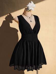 SHEIN ICON 大码女式黑色系腰连衣裙 - 黑色 - 查看 5