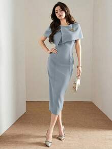 Heiryn Women's Solid Color Metal Decor Fitted Elegant Dress,Dresses For Women Summer - Blue - View 2