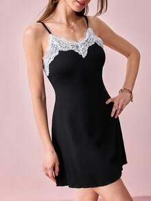 Bonmuse Sweet Lace Trim Camisole Nightgown For Women Black Nightgown Slip Dress Lingerie Spaghetti Strap Lace Nightgown Sexy Sleep Dress Babydoll Women Sexy Lingerie Dresses Spaghetti Strap Lace Night Gown Silky Slip Dress Silky Nightgown Lingerie Slip Dress Womens Nightie Ladies Night Dress Womens Nightiesfor Summer - Black - View 7