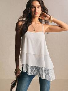 Poéselle Top de tirantes de mujer de unicolor con volantes multicapa y encaje - Blanco - Ver 6