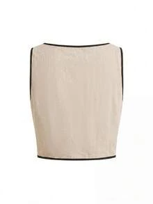 Ellevyn Bộ đồ nữ mùa hè kiểu dáng thường ngày, áo tank top cổ tròn phối viền tương phản và quần short (2 món) - Màu be - Xem 7