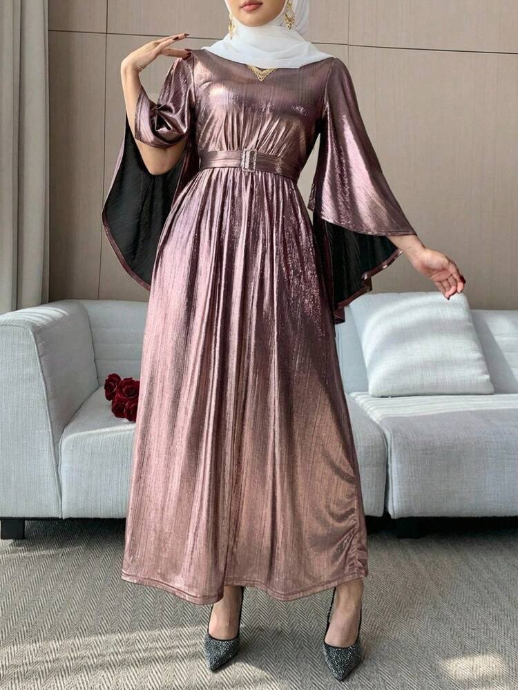 Women's Elegant Solid Color V-Neck Ruffle Sleeve Belted Long Dress, Spring/Summer Sun Dresses For Women