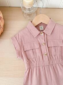 SHEIN 女宝宝夏季可爱军绿色短袖收腰领连体衣 - 粉色 - 查看 2