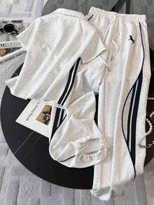 Conjunto de top de manga corta con cuello alto y pantalones casuales - Gris Claro 6 - Ver 2
