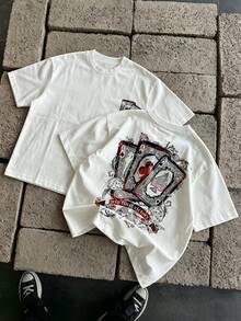 Manfinity Roughcore 男士白色夏季寬鬆大尺寸T恤，街頭風撲克牌A與骰子圖案印花圓領短袖上衣，城市度假休閒寬鬆版型 - 白色 - 查看 2
