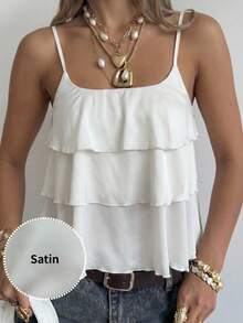 SHEIN EZwear Áo hai dây satin màu mơ cho nữ, kiểu dây bèo nhún. - Màu be - Xem 1