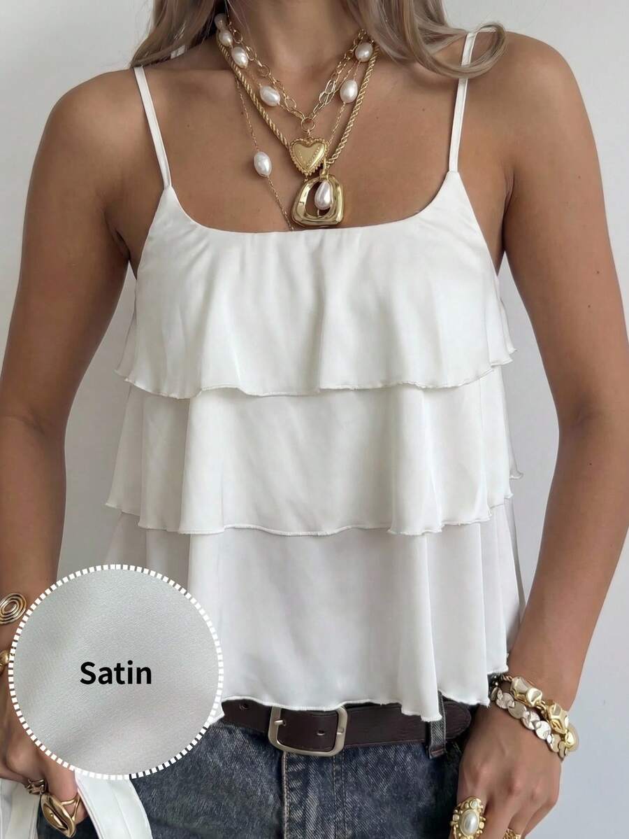 SHEIN EZwear Áo hai dây satin màu mơ cho nữ, kiểu dây bèo nhún. - Màu be - Xem 1