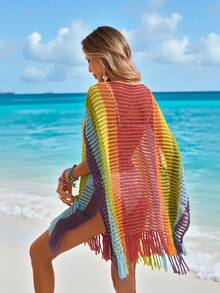 Sylviya Women's Blue And Yellow Striped Knit Beach Cover-Up Top,Summer Boho Vacation Holiday Outfits,Casual Bright Color Blouses For Country Concert Outfit - Multicolor - View 2