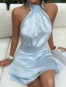 SHEIN SunnyBelle Đầm ngắn dáng chữ A hai lớp bằng satin cổ yếm hở lưng dành cho nữ mùa xuân/hè. - Màu xanh nhạt - Xem 7