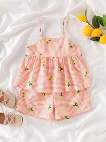 SHEIN Elladie kids 小女孩橙色格子樱桃印花吊带背心和短裤套装，清爽舒适的夏季服装 - 橘色 - 查看 4