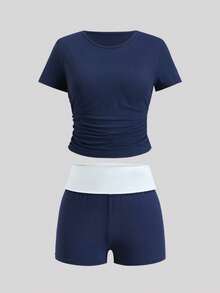 SHEIN Setelan 2 Potong Kasual Nyaman untuk Remaja Perempuan, Warna Biru & Putih: Kaos Lengan Pendek dan Celana Pendek - Royal Blue - View 3