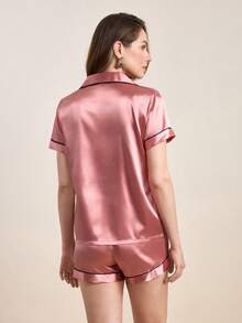 Hourtrue 撞色滚边缎面睡衣套装/家居服套装，秋冬服装 - 西瓜粉 - 查看 2