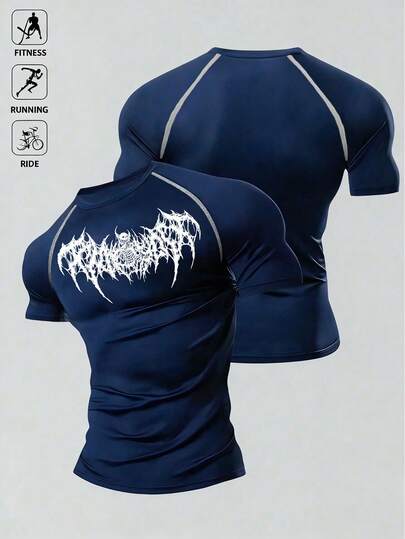 Acti Log Camiseta deportiva de manga corta con cuello redondo y estampado minimalista para hombres