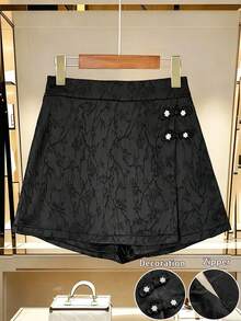 Franclia Women's Chinese Style Jacquard Faux Pearl Button High Waist A-Line Shorts Skirt - Black - View 2