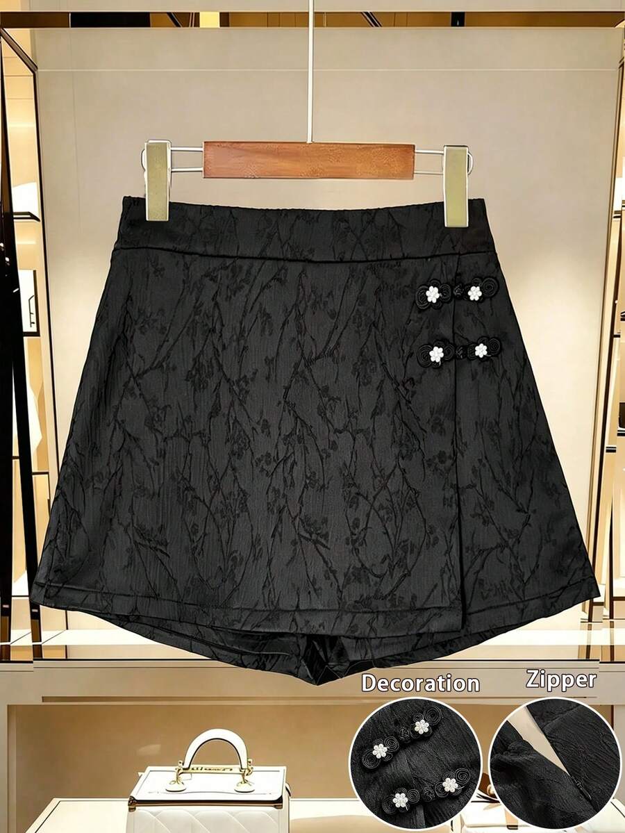 Franclia Váy ngắn dáng chữ A cạp cao kiểu Trung Quốc dành cho nữ, chất liệu jacquard, đính khuy giả ngọc trai. - màu đen - Xem 1