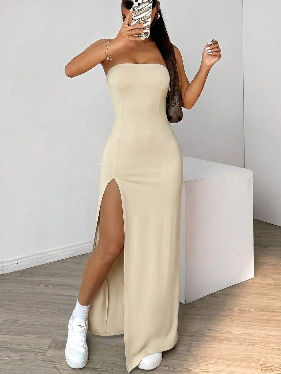 SHEIN EZwear 女士卡其色开衩夏季连衣裙，春季夏季连衣裙 - 卡其色 - 查看 1