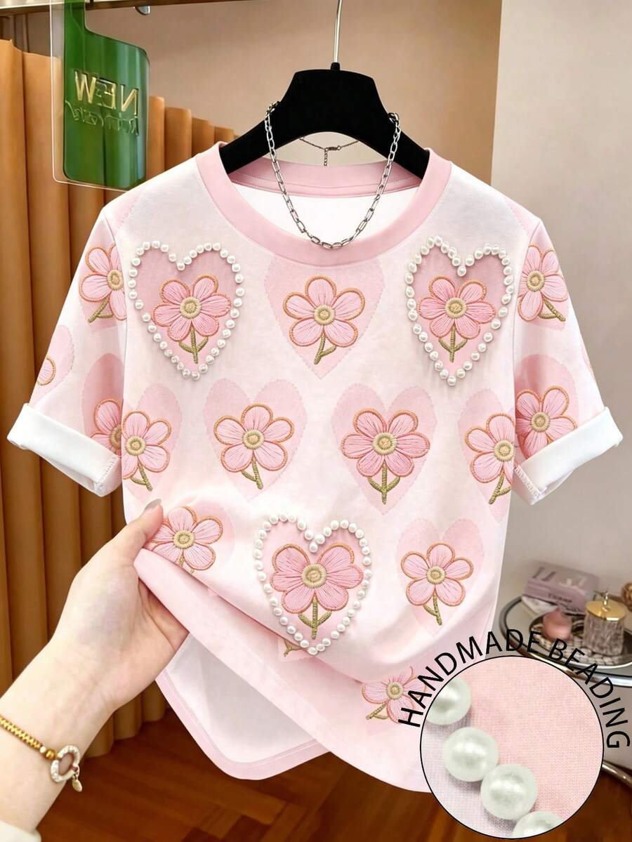 Resyla 女士户外休闲上衣,夏季新品,户外休闲装,约会装,粉色,铆钉装饰,心形和花卉印花,街头摄影,女士短袖T恤 - 彩色 - 查看 1