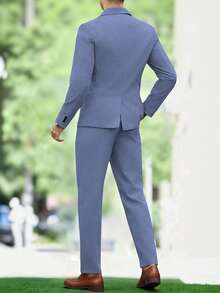 Manfinity Mode 男士簡約純色灰藍色西裝套裝 2 件組 亞麻面料 商務休閒 夏季婚禮穿搭 上衣與長褲 適合辦公室 贈送丈夫 儀式場合 - 霧霾藍 - 查看 2