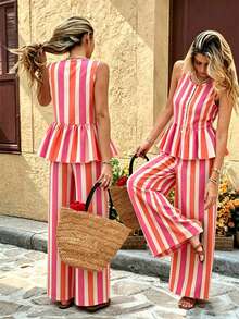 Conjunto informal de 2 piezas de top con volantes a rayas y pantalones para niñas preadolescentes - Multicolor - Ver 6