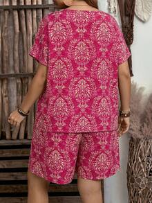 EMERY ROSE 2 Pieces Plus Size Women's Vacation Plant Print Short Sleeve Shirt & Shorts Set,Vacation Outfits Woman,Boho For Women - Hot Pink - View 2