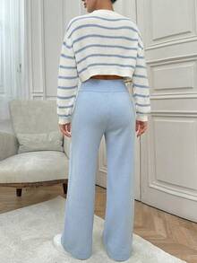 Striped Pattern Drop Shoulder Cardigan & Knit Pants - Baby Blue - View 2
