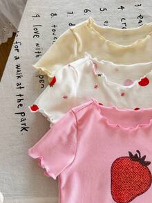 SHEIN LMoss Kids 女婴可爱卡通草莓图案荷叶边圆领短袖短裤柔软针织睡衣套装，6件套夏季 - 彩色 - 查看 6