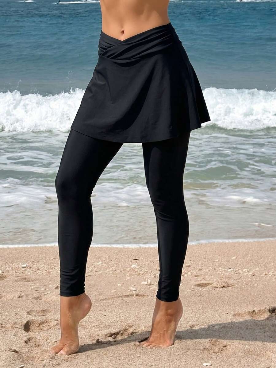 Swim Mulvari بنطلون نسائي طويل بتصميم بسيط أحادي اللون مع كشكشة على الحافة، سفلي لملابس السباحة الصيفية - الأسود - مشاهدة 1