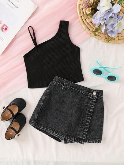 SHEIN Young Girl Summer Casual Modest Solid Color Asymmetric Neck Camisole And Wrap Skirt Shorts Set Beach Black