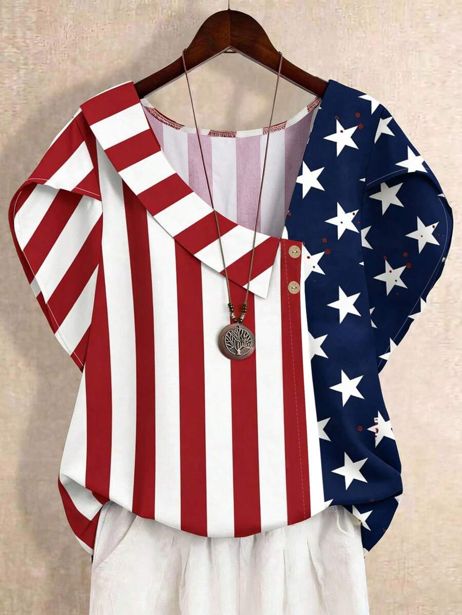 Linhara Plus Size Women American Flag Print Asymmetric Ruffle Trim Short Sleeve Fashionable Blouse Independence Day Blouse - Multicolor - View 1