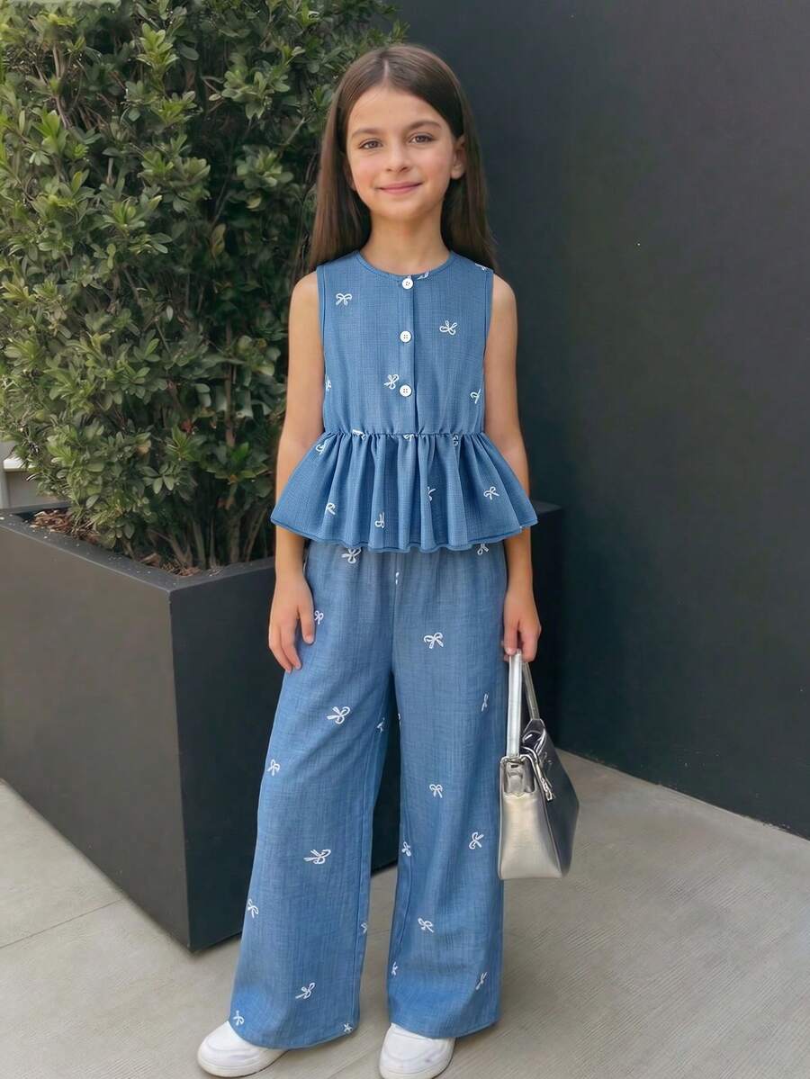 SHEIN Elladie kids 两件套女童夏季套装:圆领无袖蝴蝶结印花露脐上衣(饰有蝴蝶结),休闲直筒裤,时尚度假及海滩派对套装 - 藍色 - 查看 1