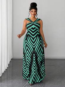 Maweii Plus Size Women Patchwork Color Casual Party Dress - Green - View 5