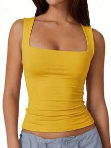 SHEIN SXY Plus Size Simple Solid Color Square Neck Tight Camisole, Summer Mustard Tops For Women Square Neck Top Yellow Mustard Yellow Top - Yellow - View 3