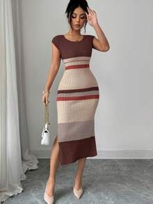 Elenzga Women's Spring/Summer New U-Neck Fitted Mid-Length Hem Slit Half Sleeve Elegant High-End Knit Dress, Striped Design, Versatile Lady Style - Multicolor - View 5