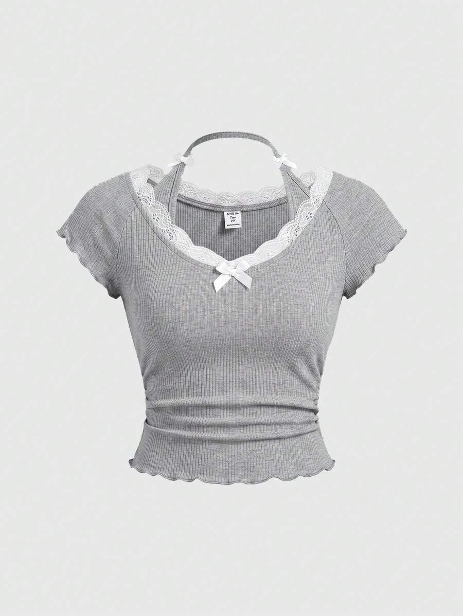 SHEIN Girlism 女童休閒居家蕾絲飾邊掛脖V領蝴蝶結裝飾修身舒適彈性羅紋短袖針織純色T恤上衣 藍色 - 灰色 - 查看 1
